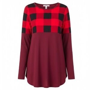 Zenana‎ Plaid colorblock red blk burgandy long sleeve women's Medium RT-43034